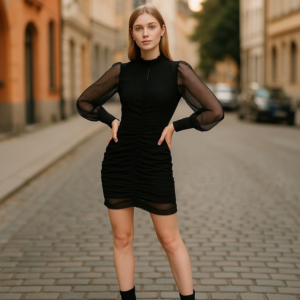 NWT House Of Harlow 1960 black long sleeve ruched high neck dress